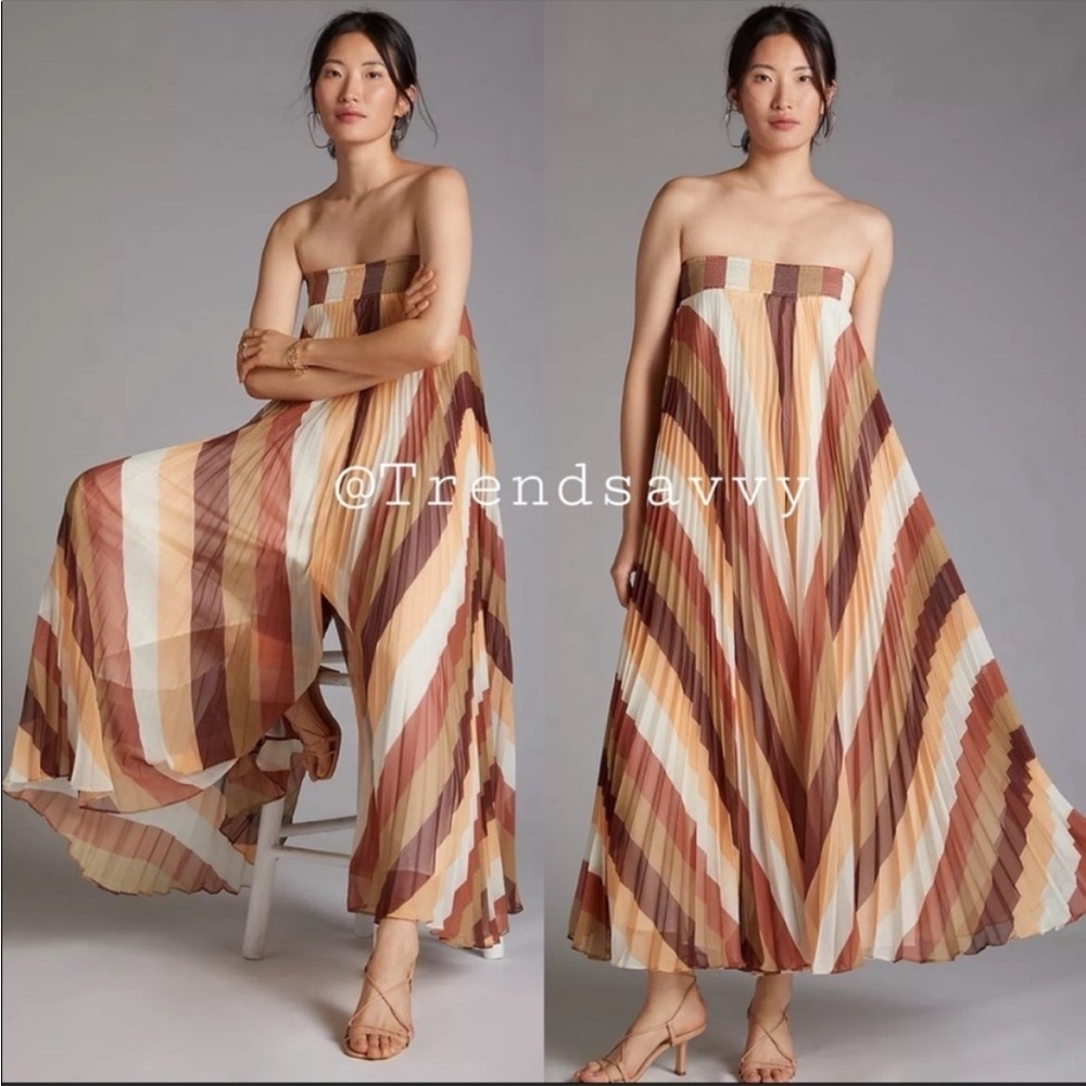 Anthropologie Ranna Gill Pleated Strapless Wide Leg Jumpsuit Brown Resort Chic M